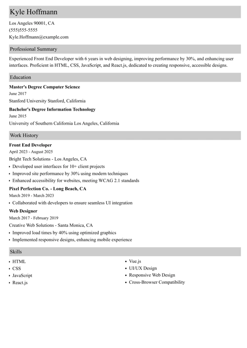 Front end developer resume example