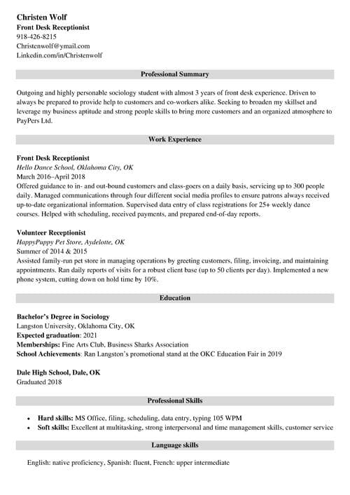 front desk receptionist resume example