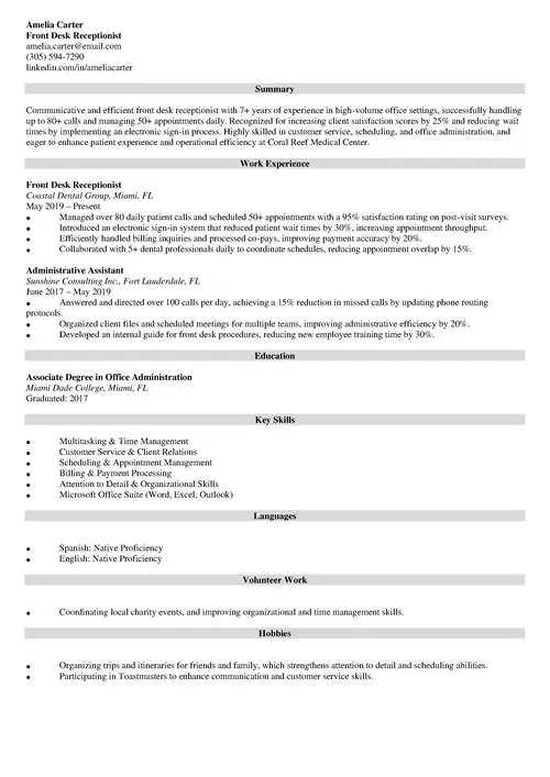 Front Desk Receptionist Resume Sample