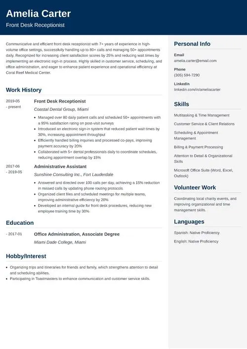 Front Desk Receptionist Resume Sample