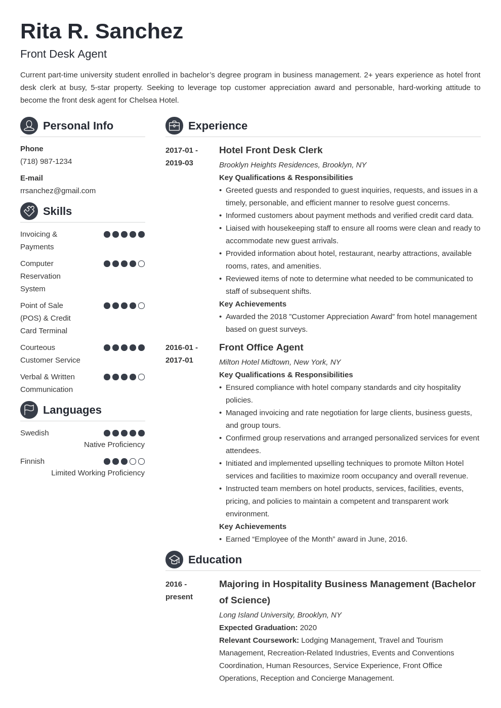 front desk resume example template crisp