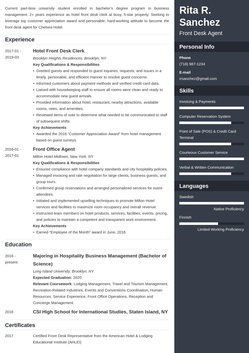 front desk resume example template enfold