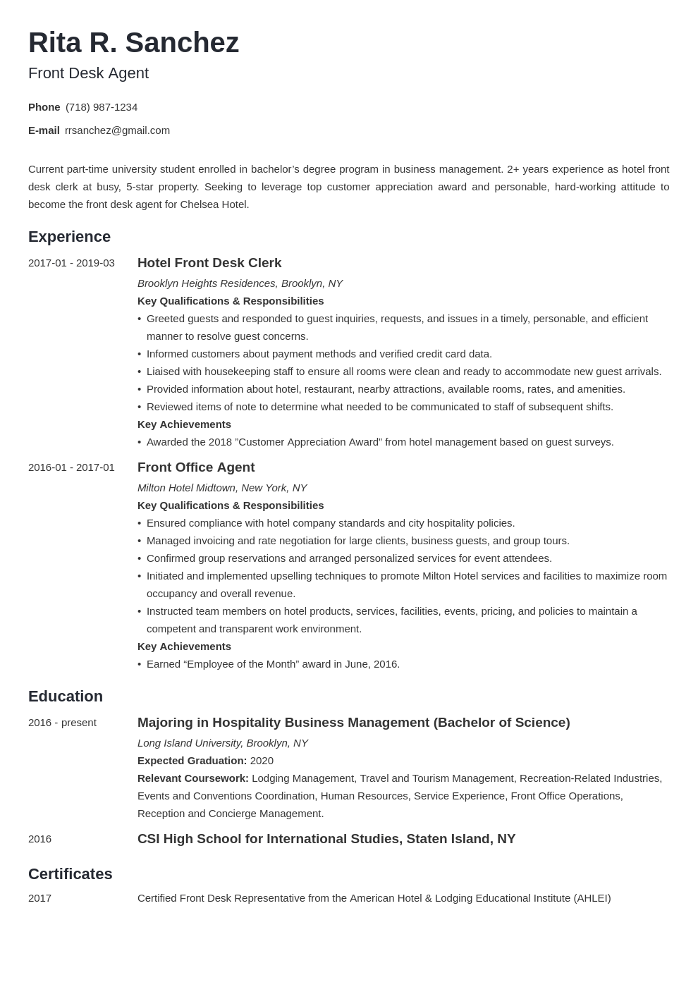 front desk resume example template minimo