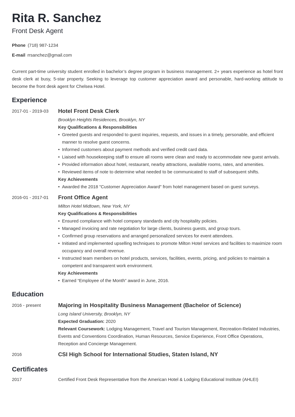 Front Desk Resume Example Template Minimo 