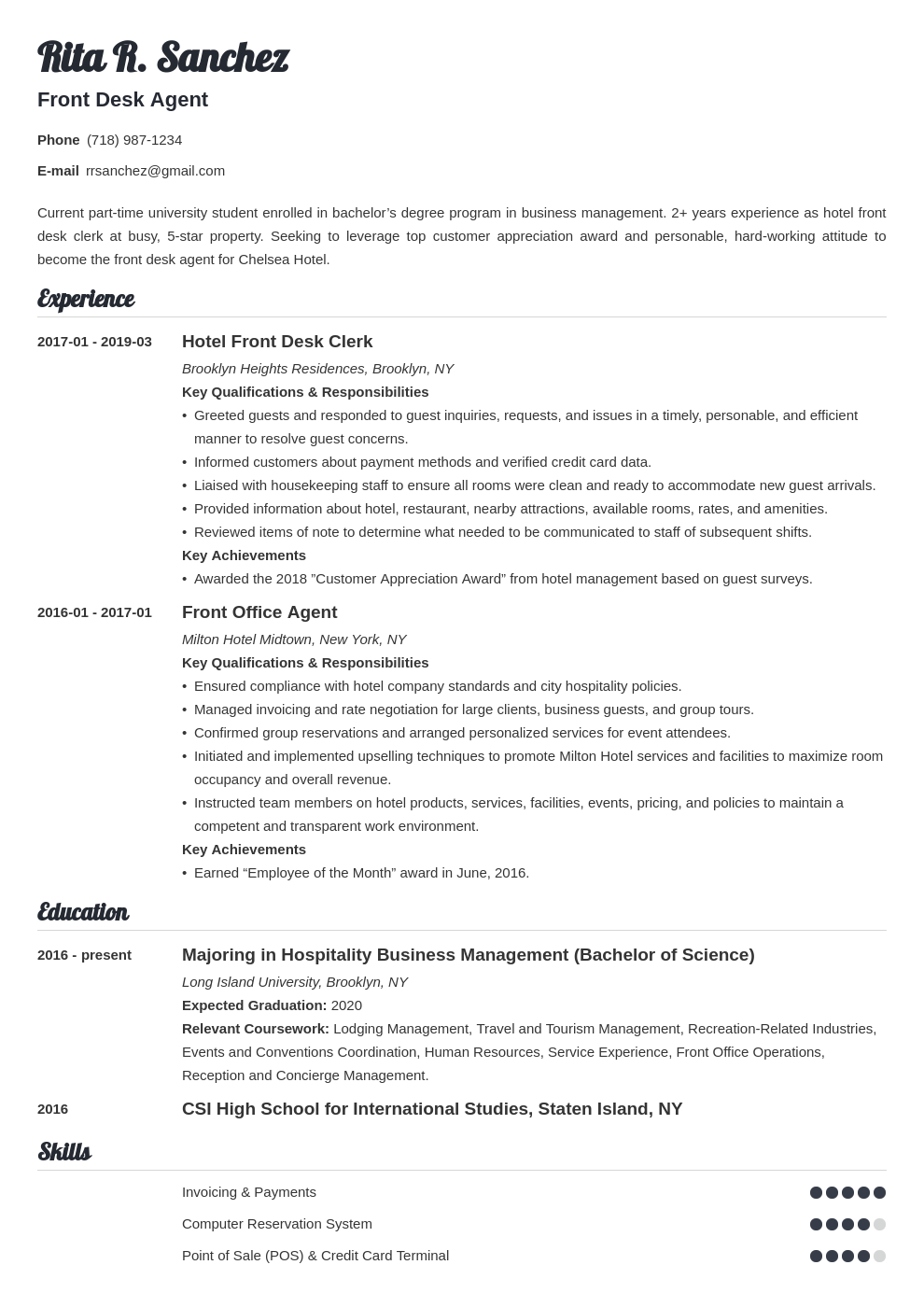 front desk resume example template valera