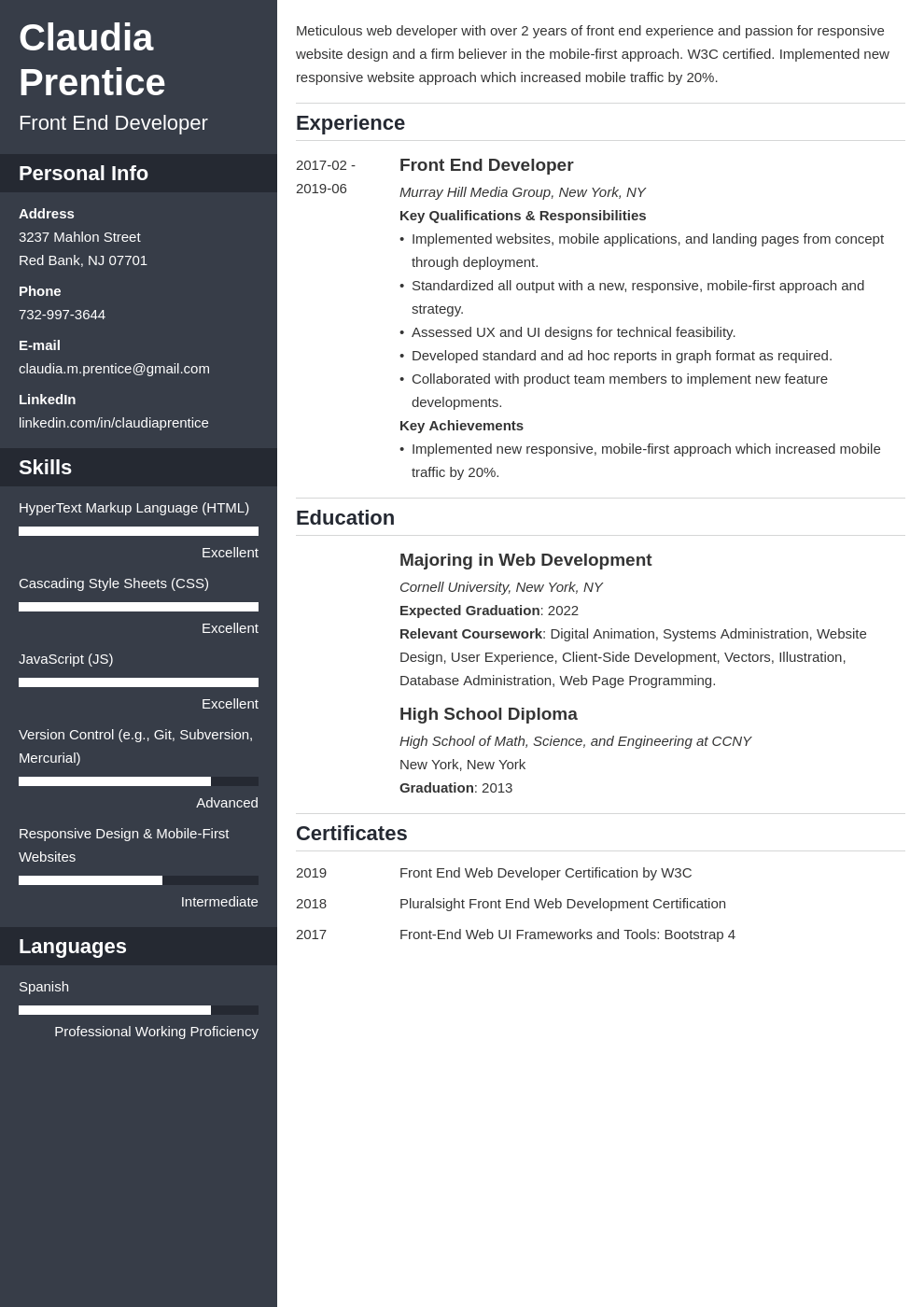 front end developer resume example template cascade
