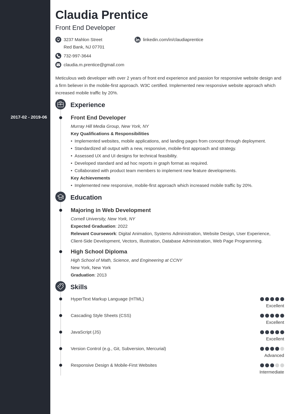 front end developer resume example template concept