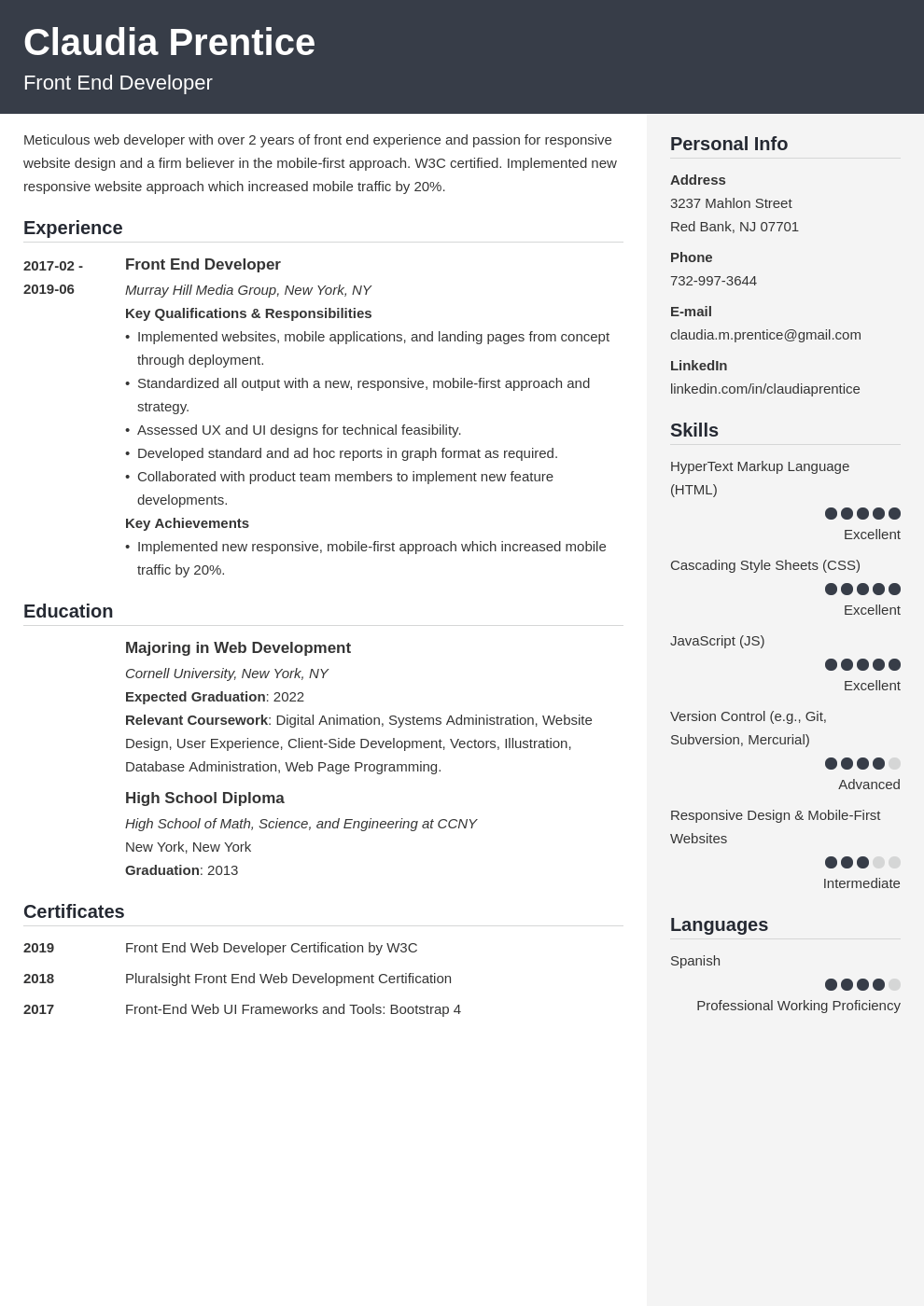 front end developer resume example template cubic