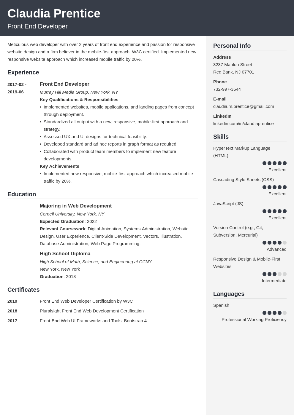 Sample Resume Of Front End Developer For Freshers Front End Developer