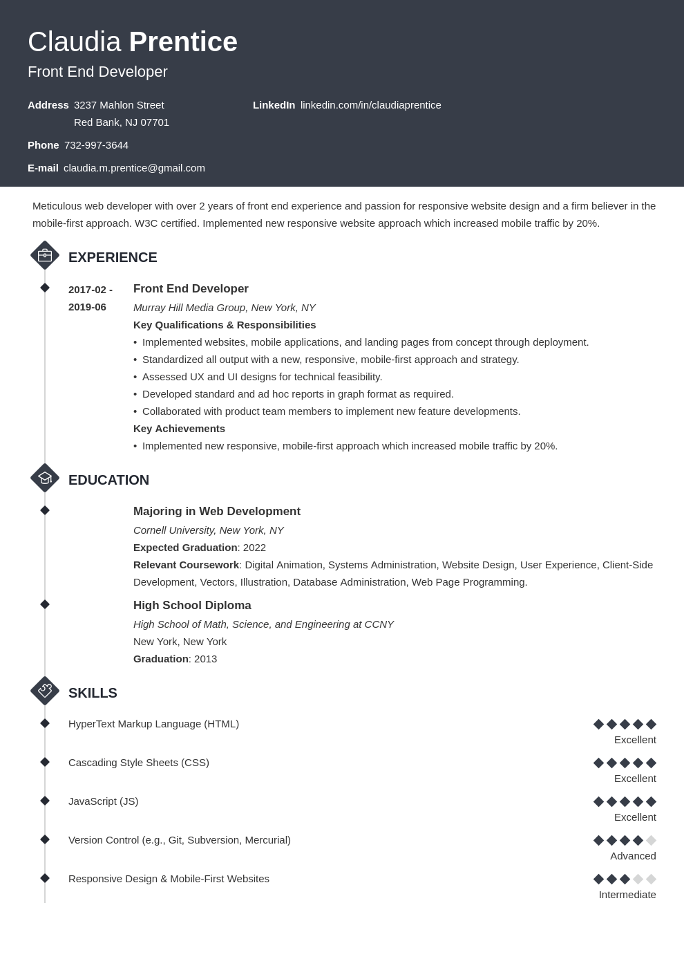 front end developer resume example template diamond