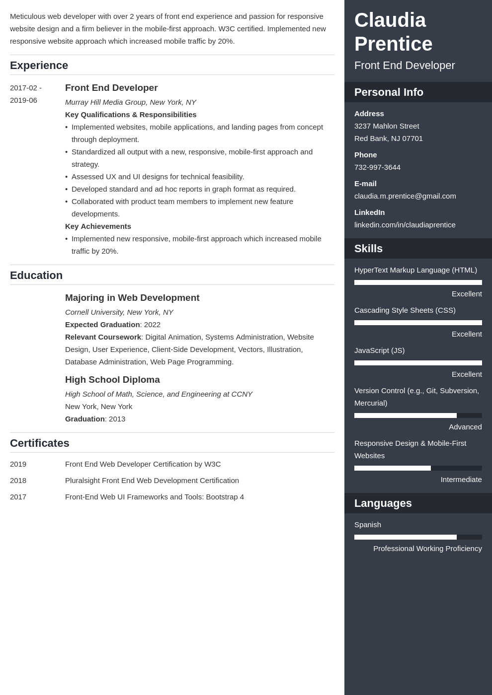 front end developer resume example template enfold