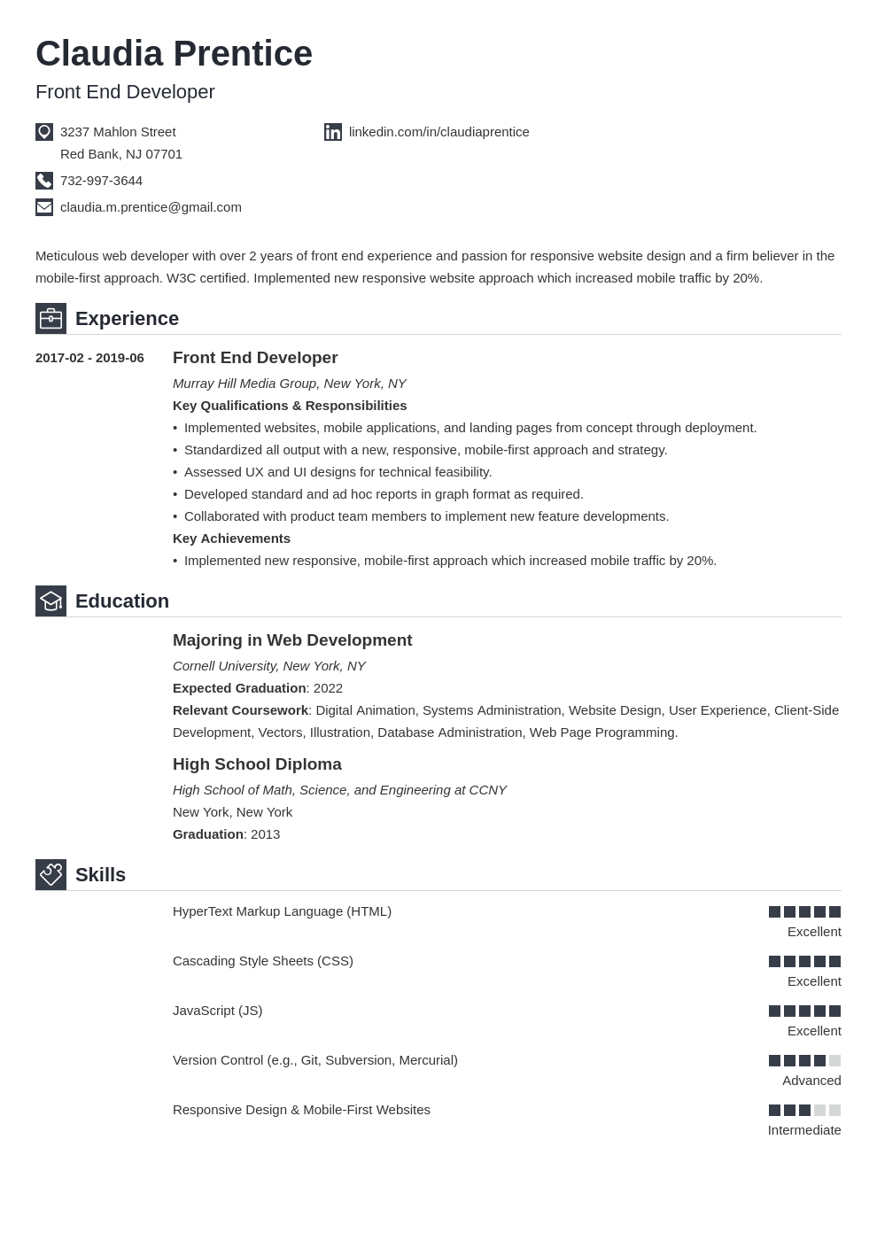 resume sample for front end developer