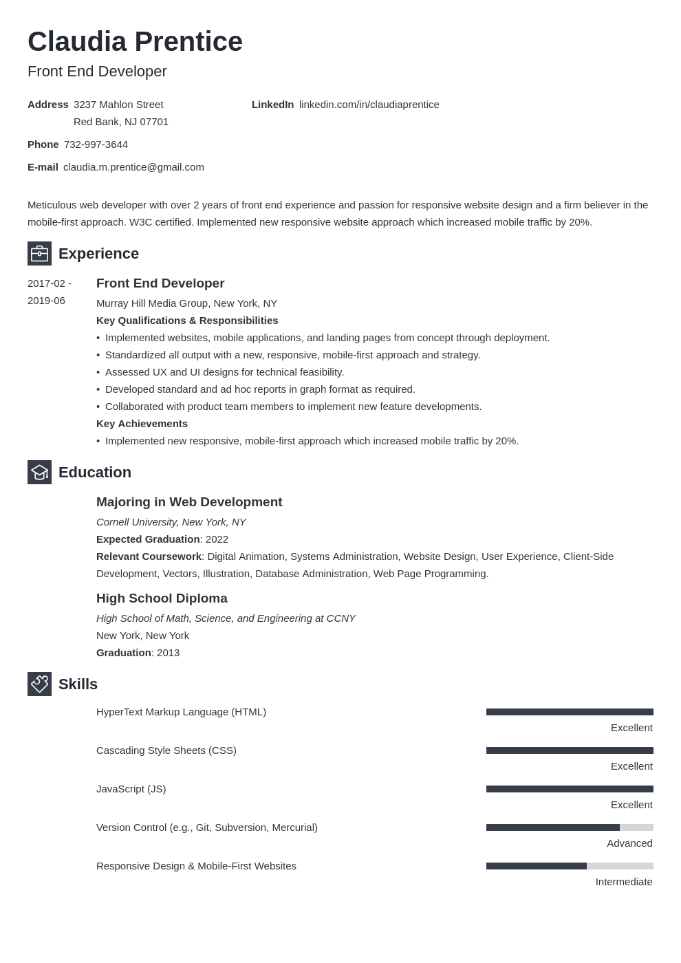 front page of a resume