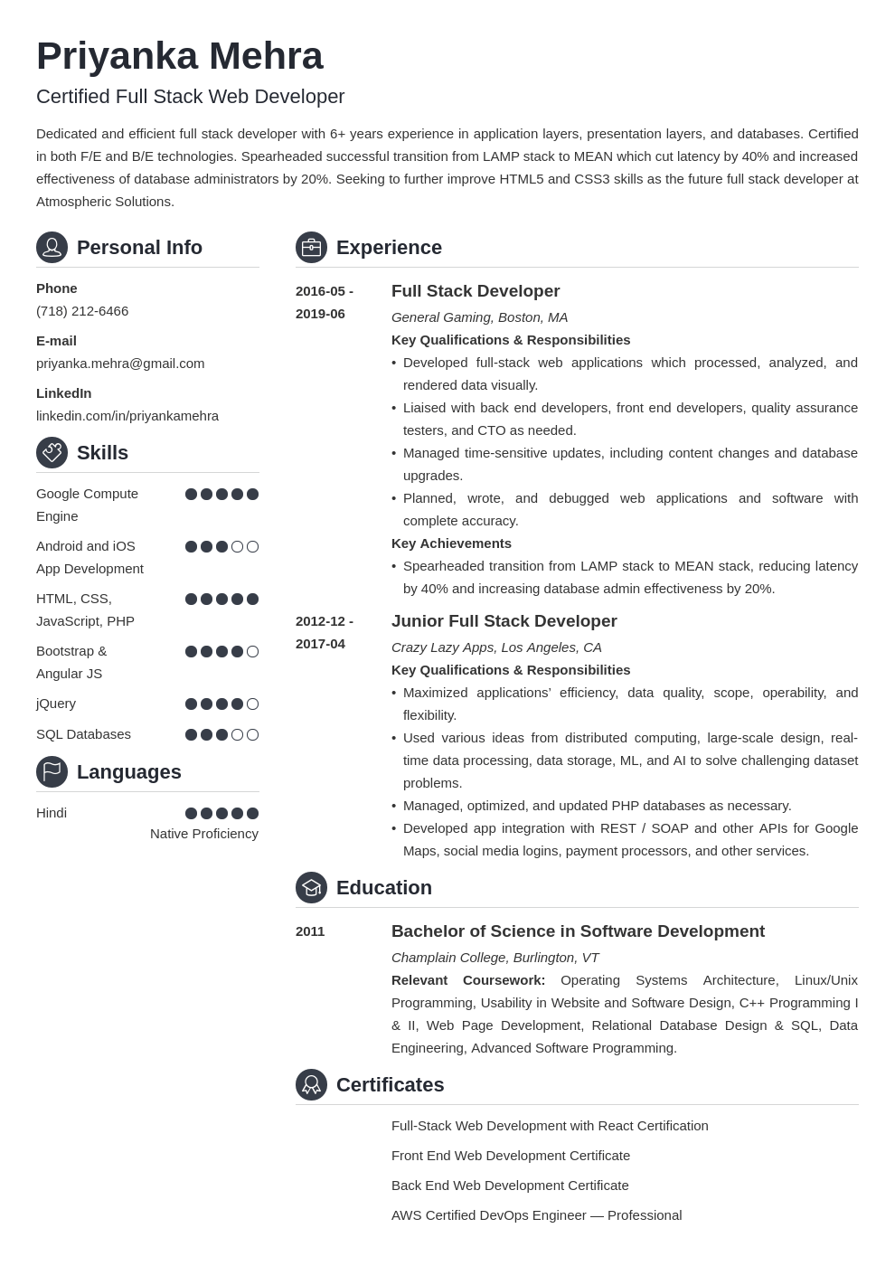 full stack developer resume example template crisp