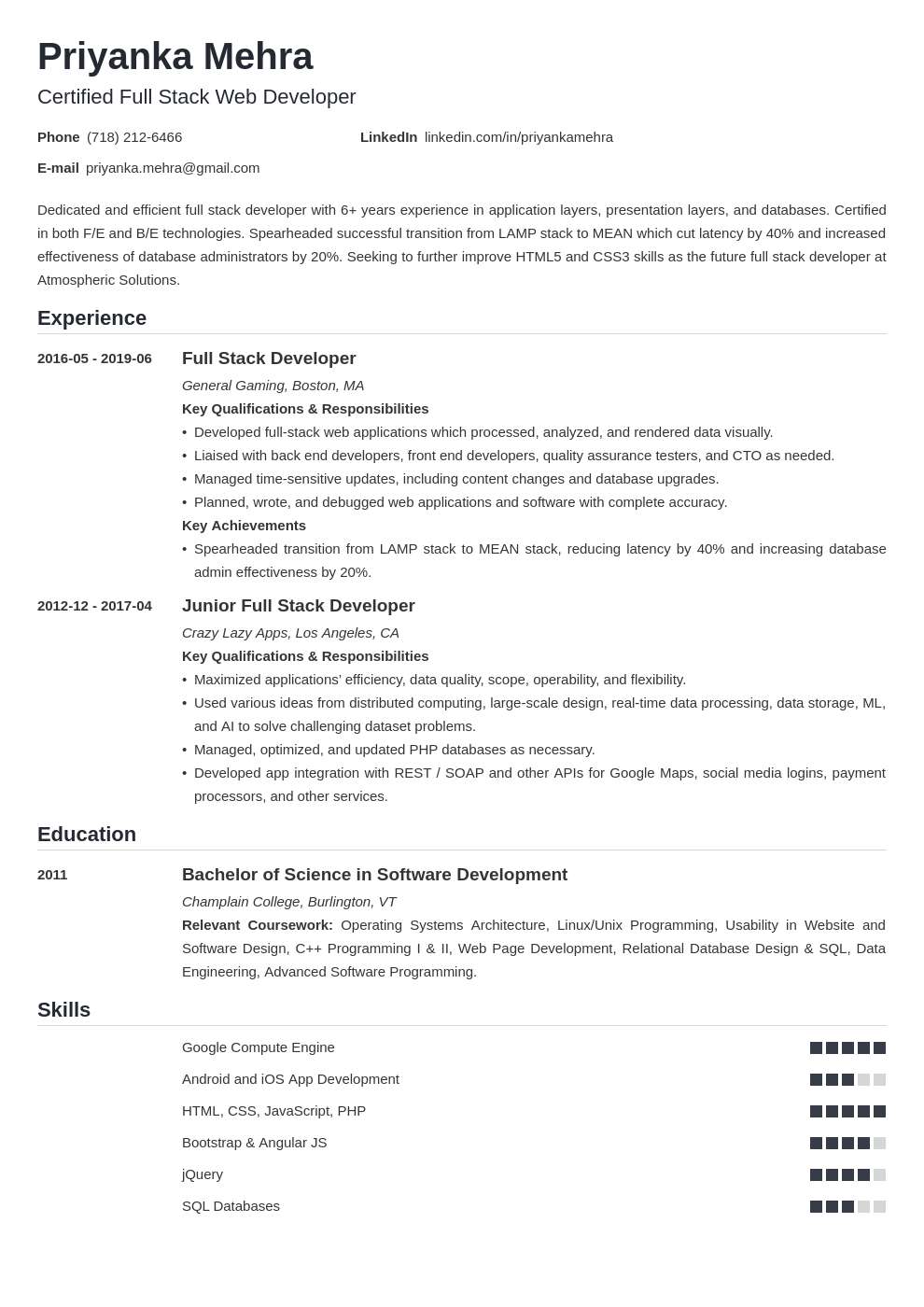 Full Stack Developer Resume Examples Web Java NET Etc 