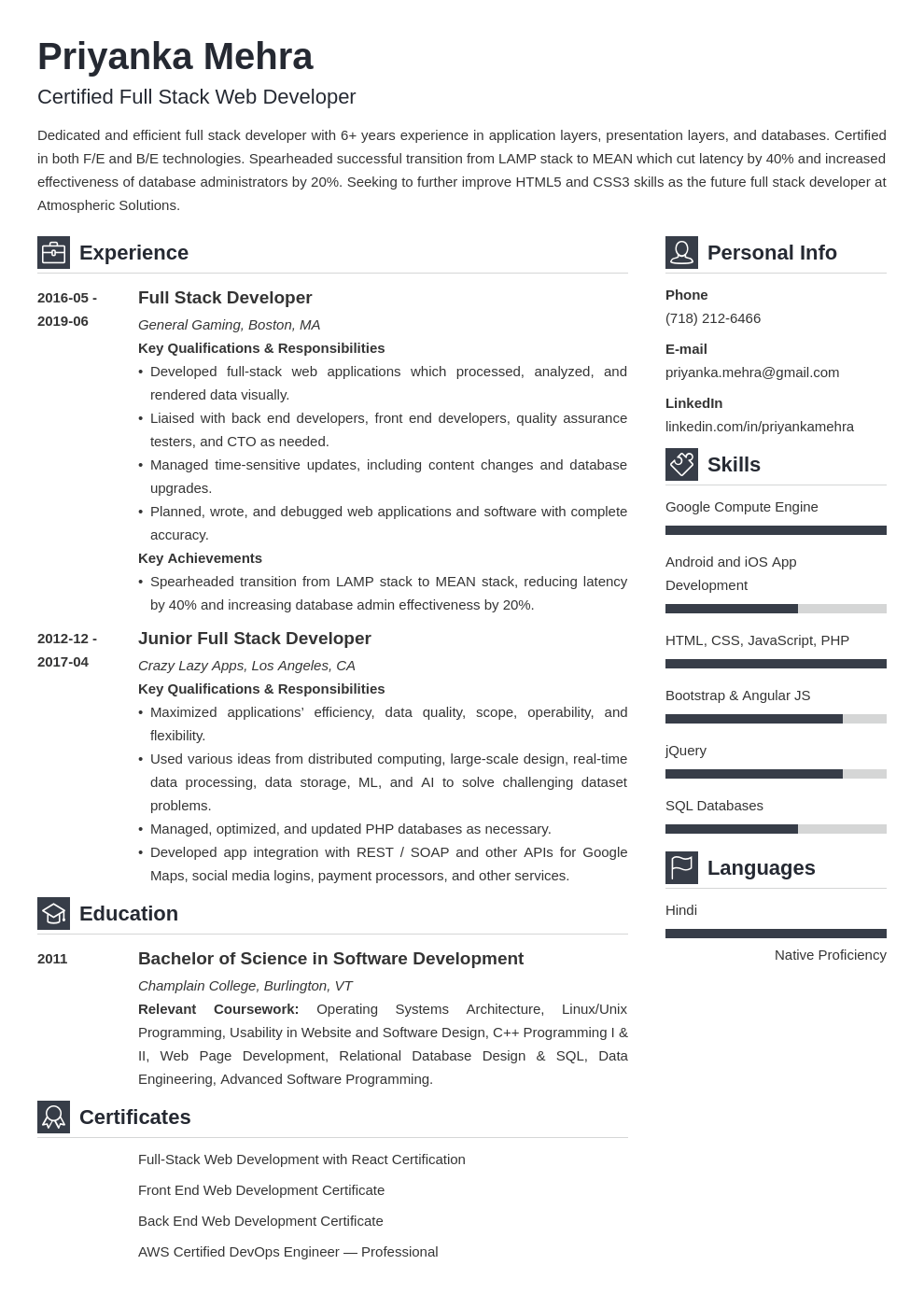 full stack developer resume