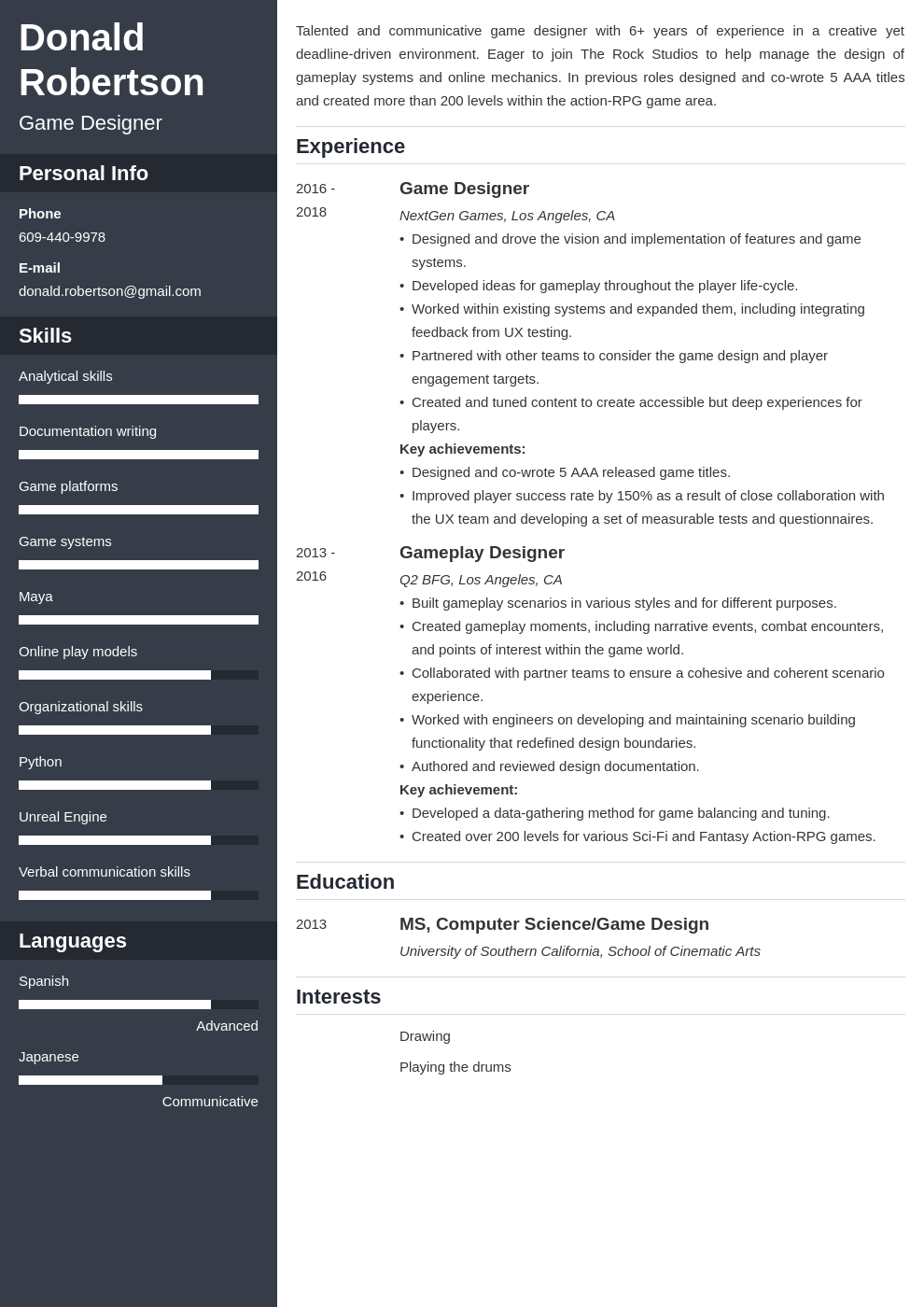 game design resume template cascade