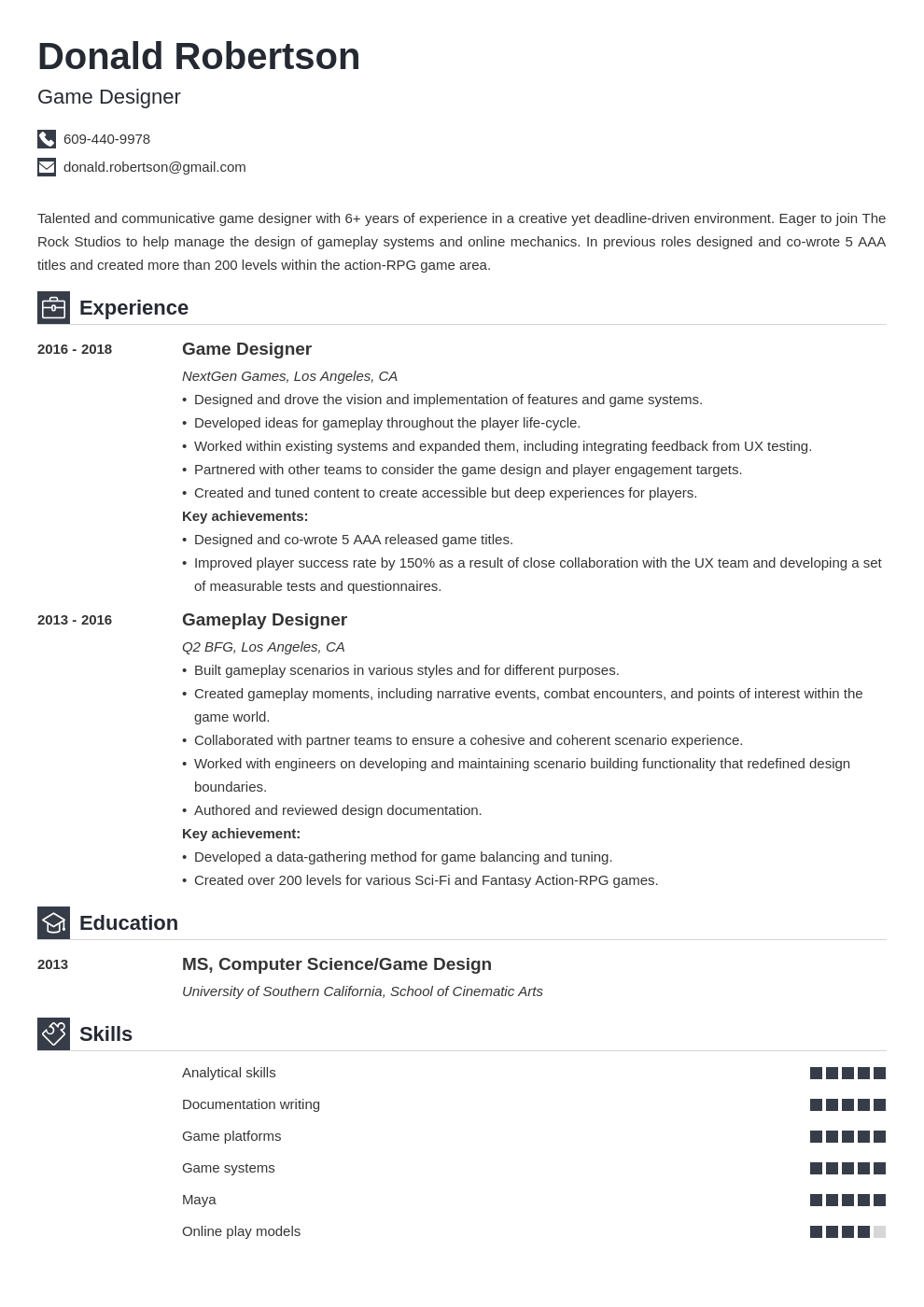 game design resume template iconic