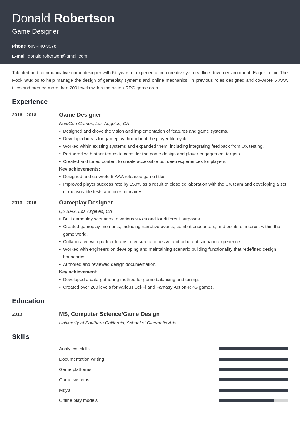 game design resume template influx