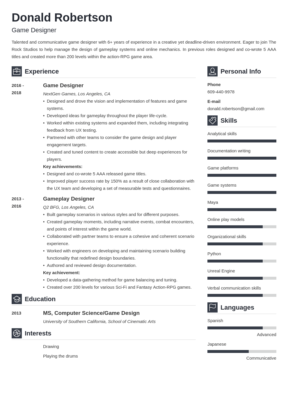 game design resume template vibes
