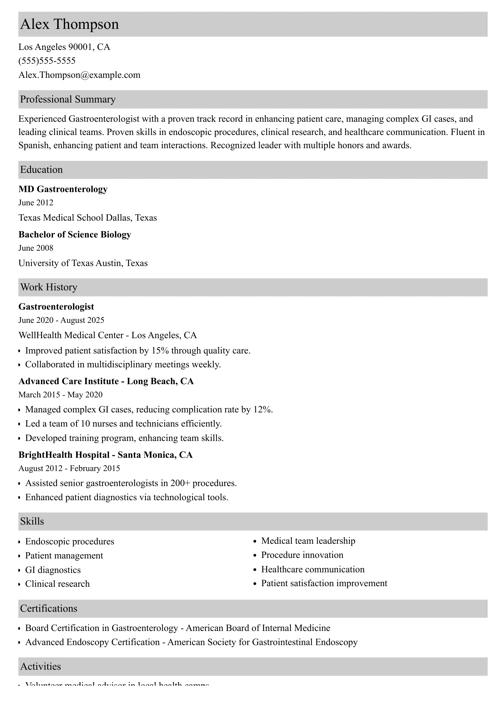 Gastroenterologist Resume Sample