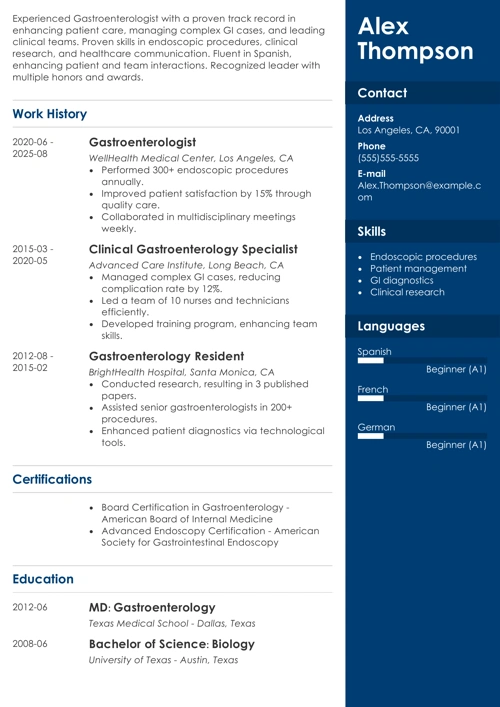 Gastroenterologist Resume Sample