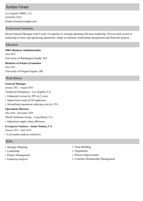 General Manager Resume Sample