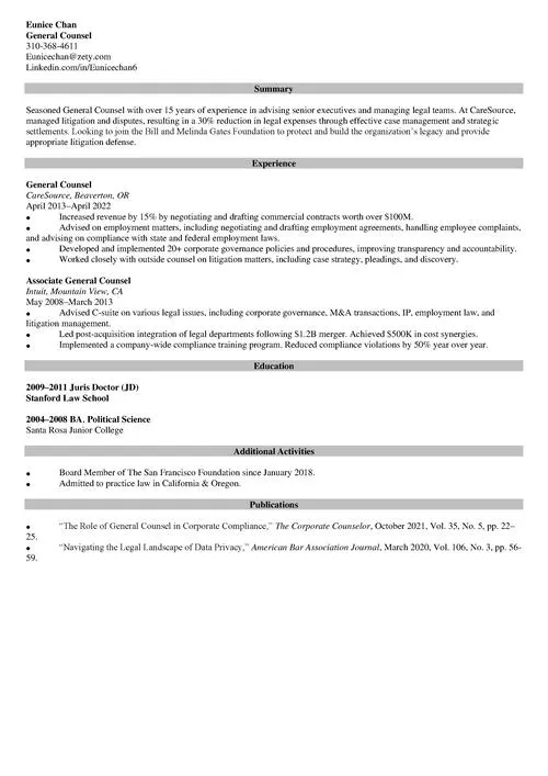 general counsel resume example