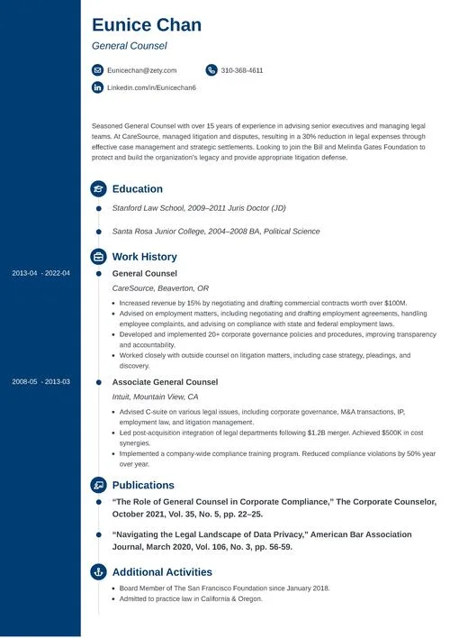 general counsel resume example