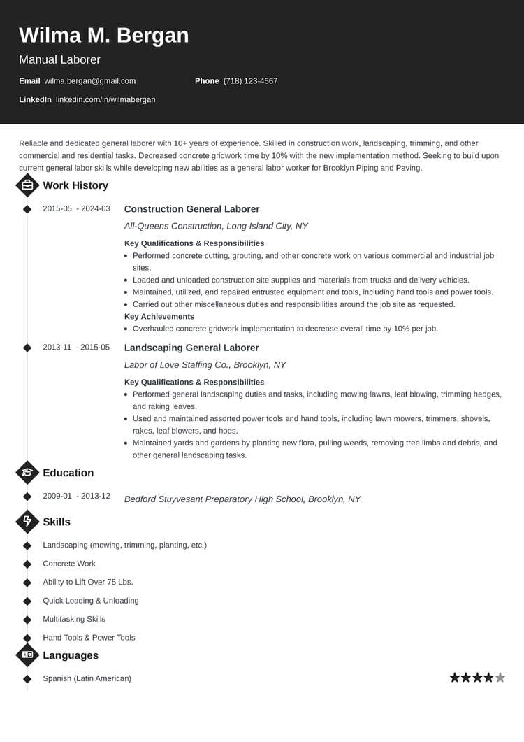 Diamond resume template for general labor