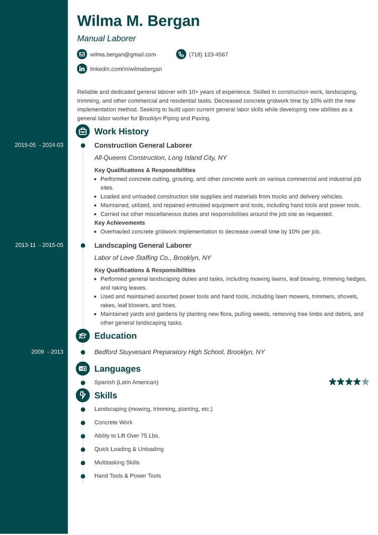 Concept resume template for general labor