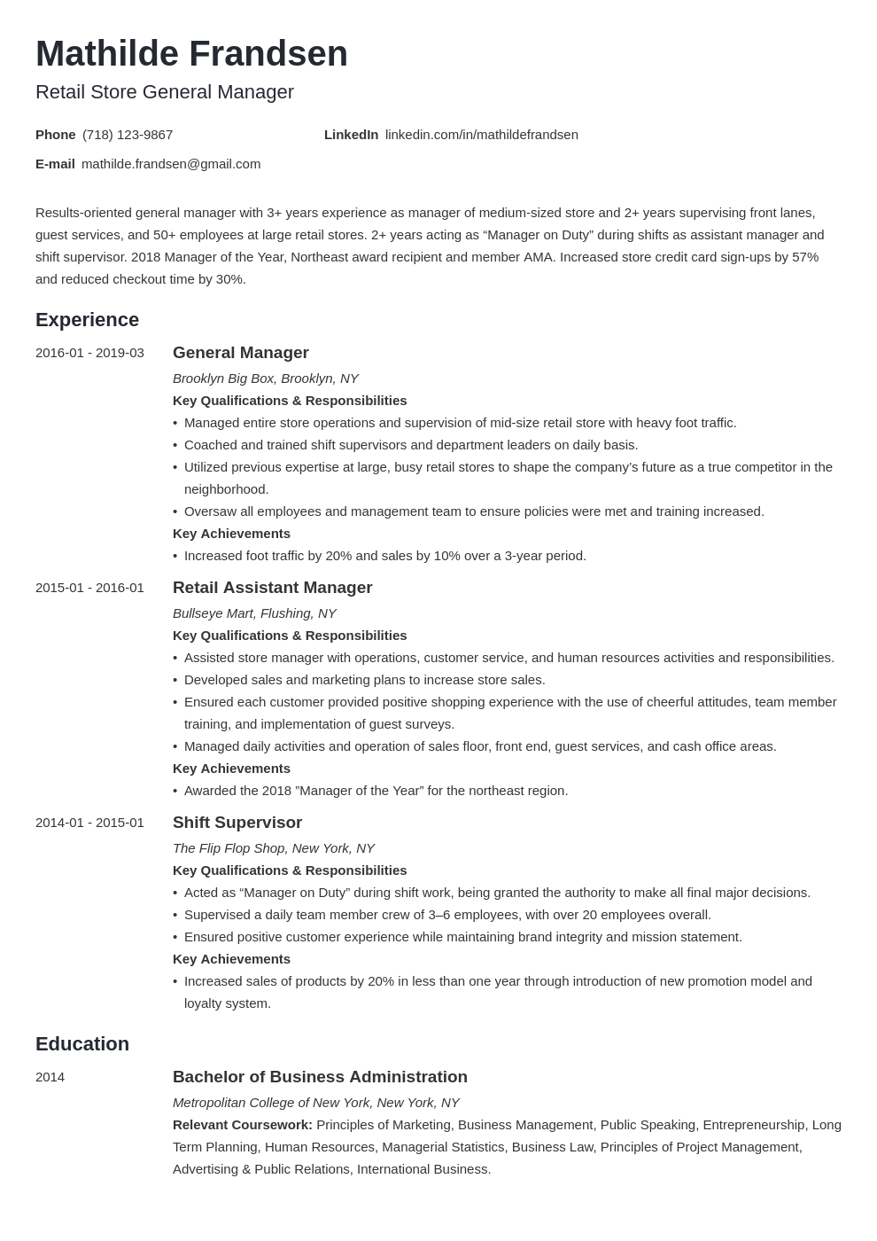 sample resume for general manager