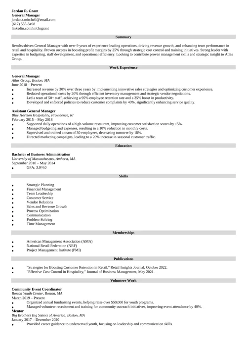 General Manager Resume Sample