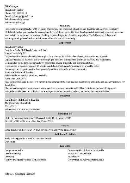Teacher Resume Example Template Skills For Australia
