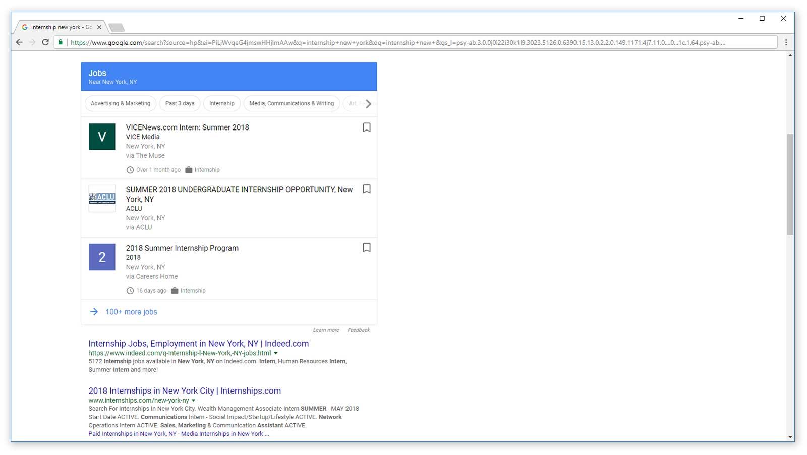 google for jobs showing internship results