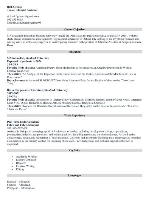 Graduate Student CV Example