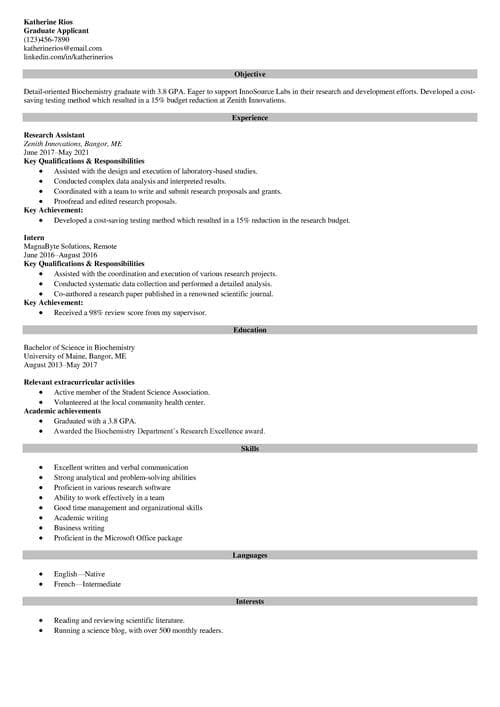 Graduate school resume example