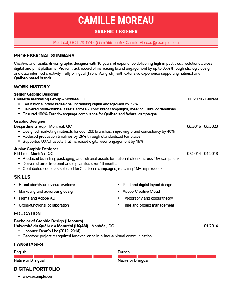 Graphic Designer Canadian Resume Example