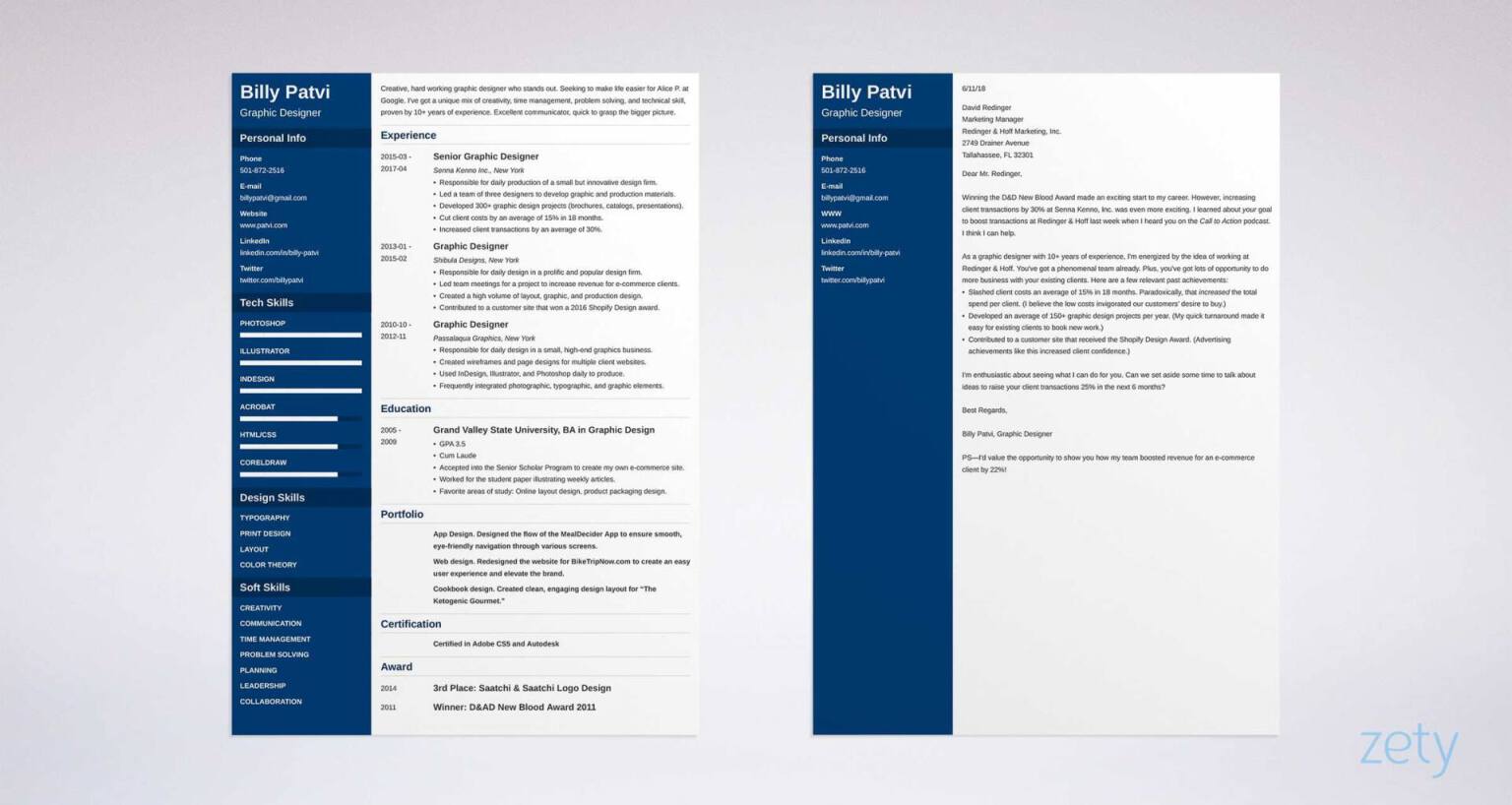 graphic designer resume and cover letter set