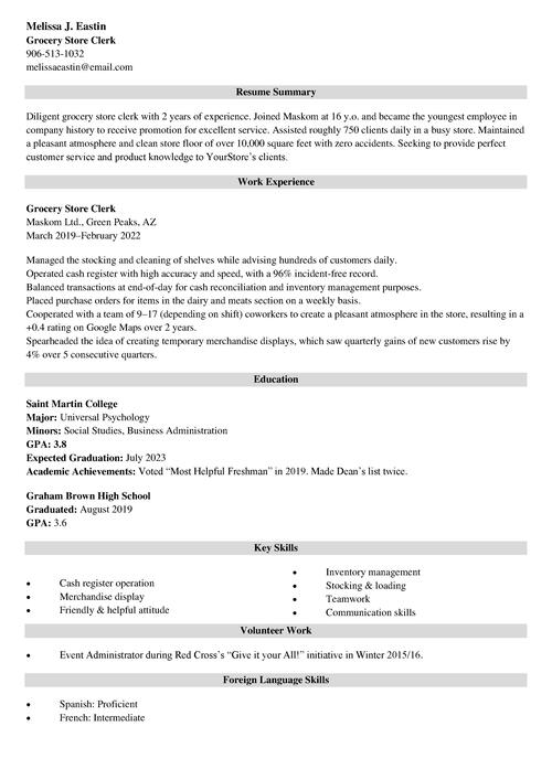 grocery store resume example