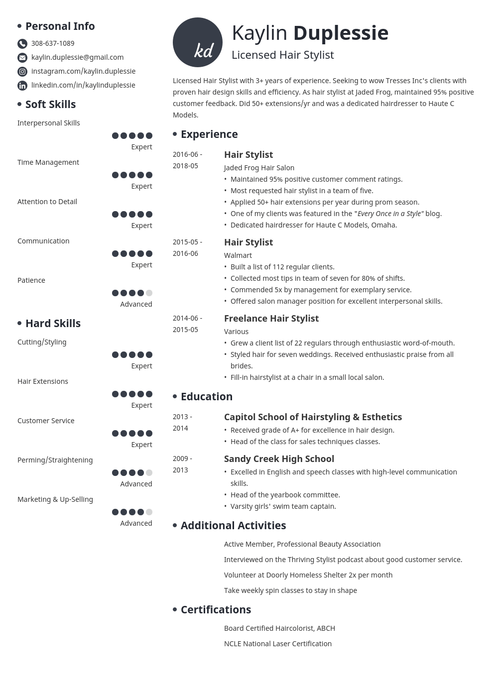 hair stylist resume example template initials