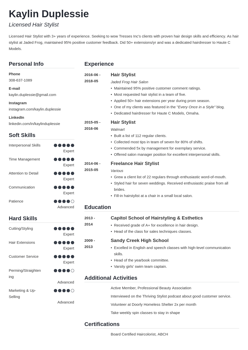 hair stylist resume example template simple
