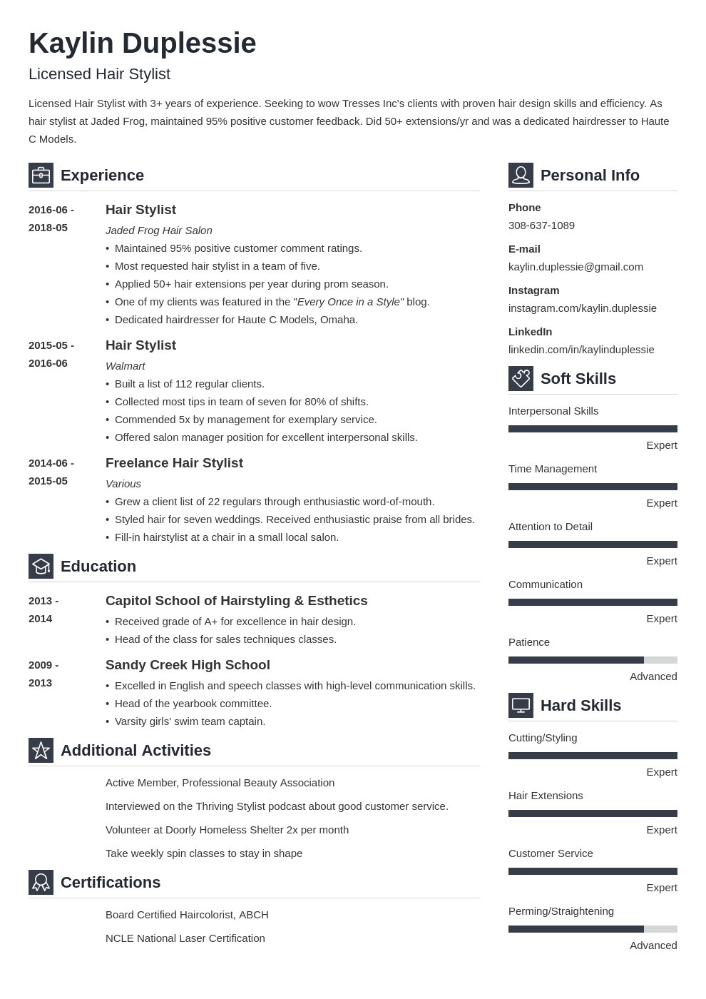 hair stylist resume example template vibes