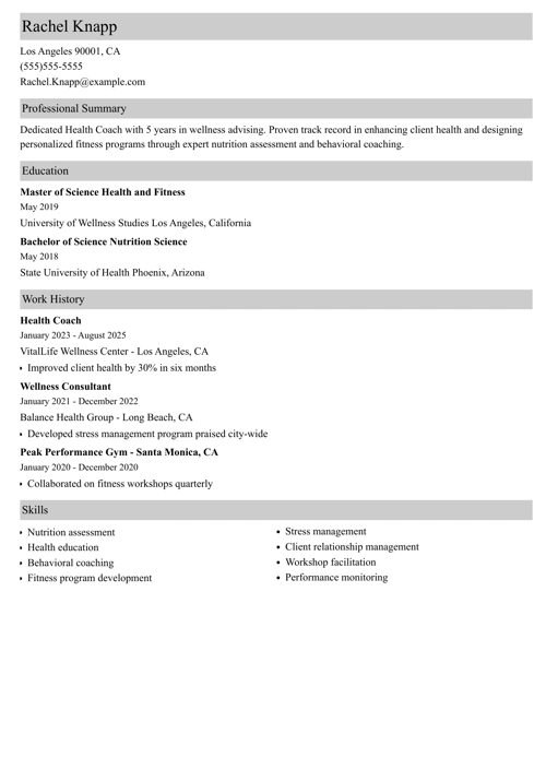 health coach resume example