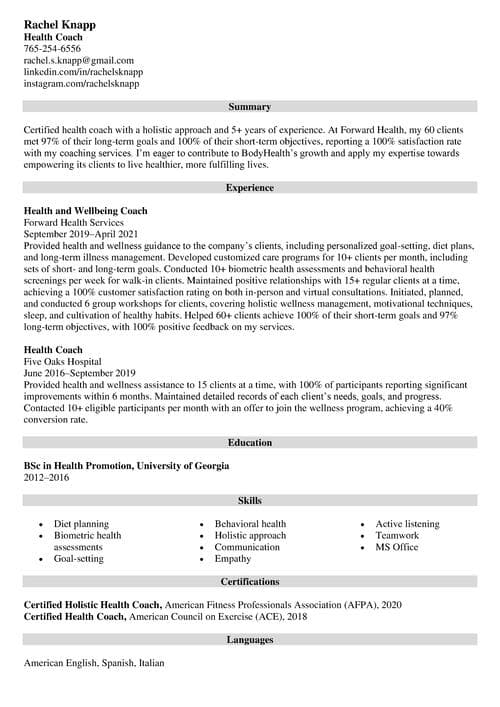 Health Coach Resume: Sample & Guide