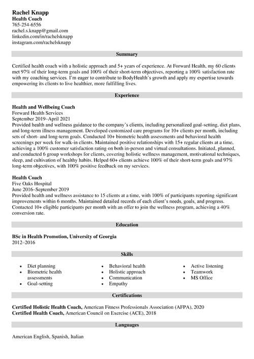 Health Coach Resume Sample Guide