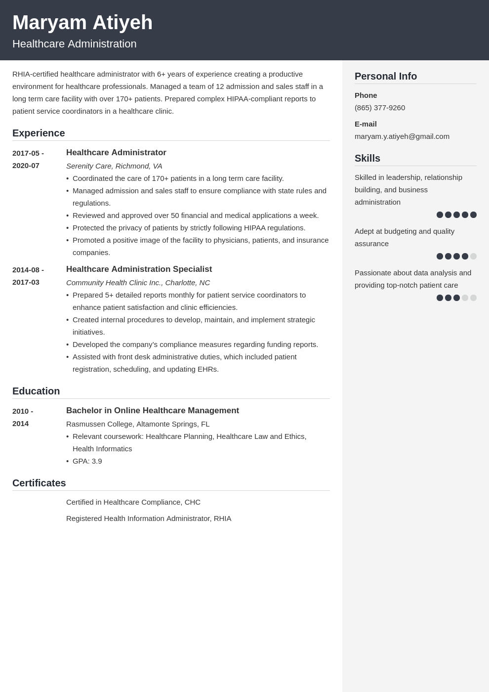 resume examples healthcare administration