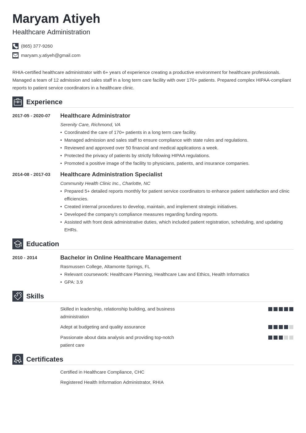 resume examples healthcare administration