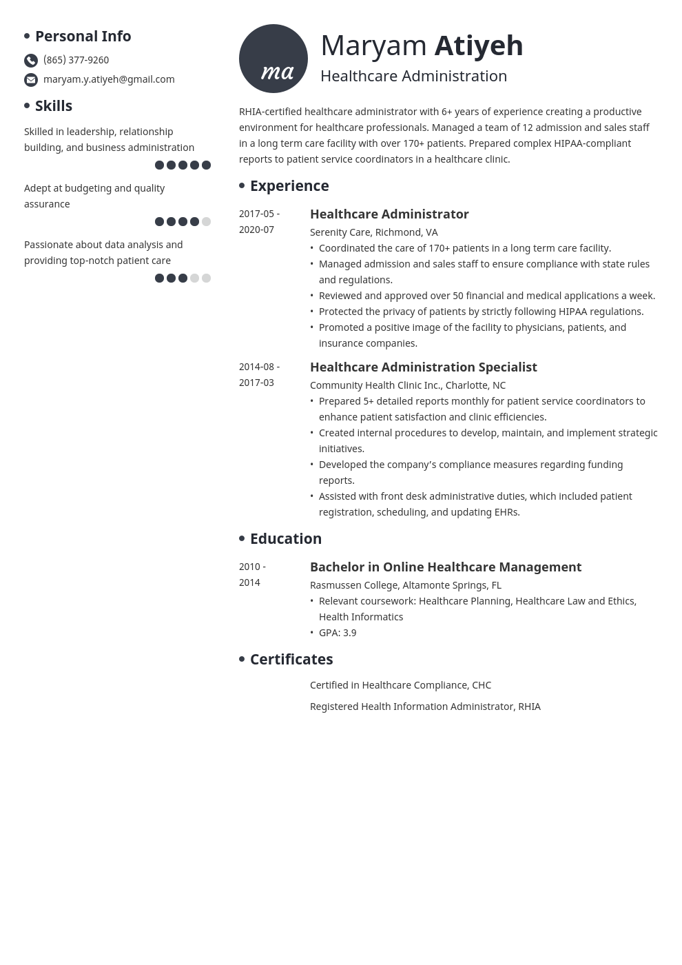 Resume Healthcare Administration 2017