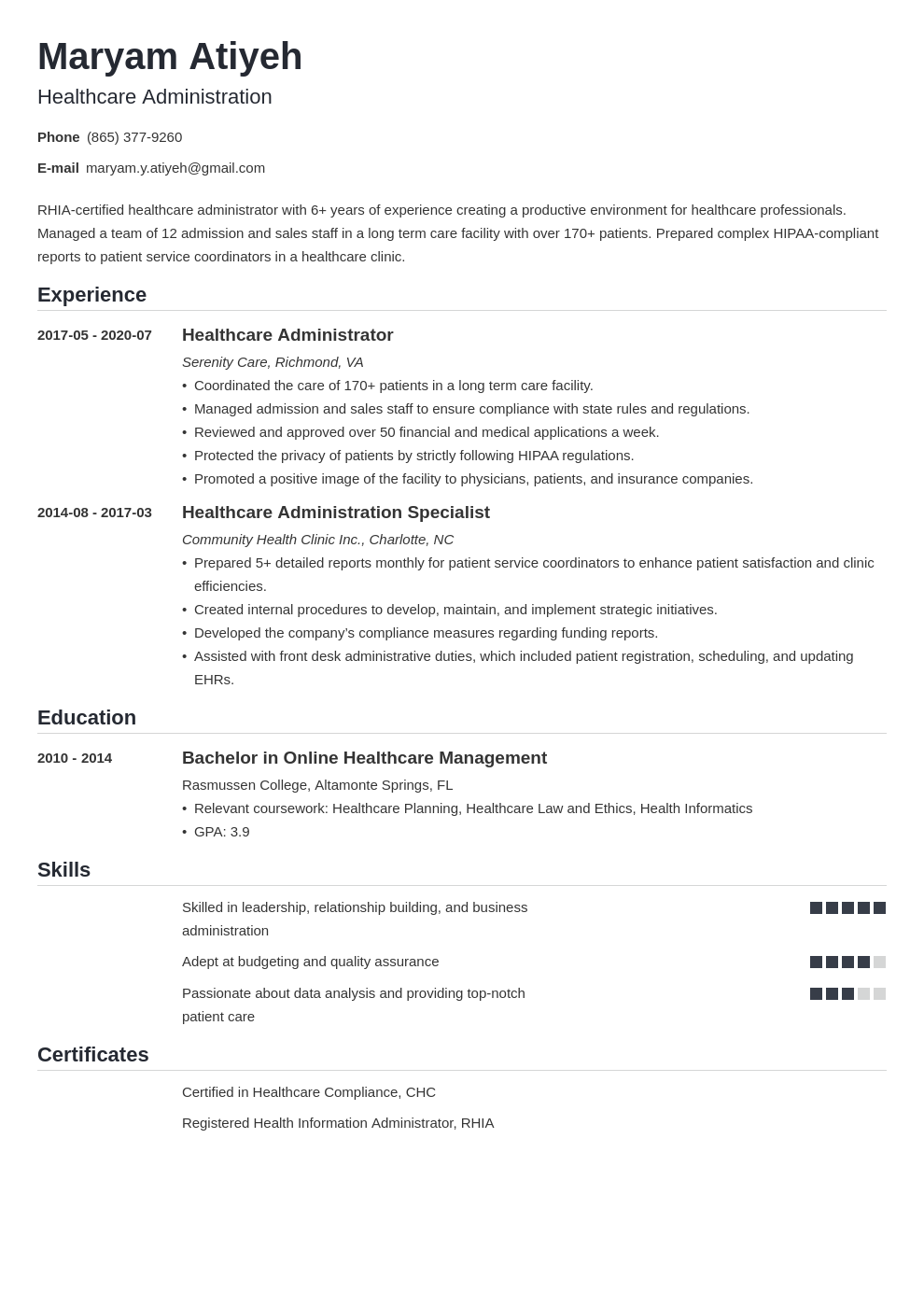 resume objective examples for healthcare administration